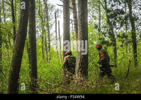 USTKA, Pologne (12 juin 2018) les membres des forces terrestres polonaises se mettre à couvert pendant un assaut mécanisé de formation pour faire de l'exercice Baltic Operations (BALTOPS) 2018 à Ustka, Pologne, 12 juin 2018. Le premier ministre est BALTOPS maritime annuel-exercice ciblé dans la région de la Baltique et l'un des plus importants exercices dans le Nord de l'Europe améliorer la flexibilité et l'interopérabilité entre les pays alliés et partenaires des Nations unies. (Marine Corps photo par le s.. Dengrier M. Baez/libérés) Banque D'Images