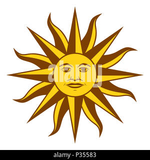 Soleil de Mai, l'espagnol Sol de Mayo, un emblème national de l'Uruguay sur le drapeau du pays. Golden yellow sun radiant de la face et des raies. L'illustration. Banque D'Images