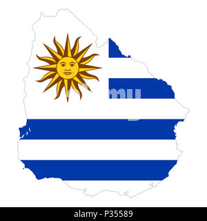 Drapeau national de l'Uruguay avec soleil de mai dans le pays d'ossature. Drapeau du pays avec l'emblème national Sol de Mayo sur canton blanc et blanc et bleu. Banque D'Images