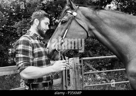 Bonne recherche, se tient à côté d'cowboy hunky ranch gate caresser et aimer son cheval Banque D'Images