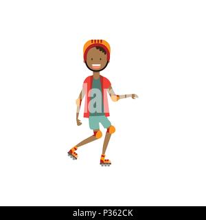 African boy kid portant des genoux et coudes concept. roller ride. Caractère style plat Illustration de Vecteur