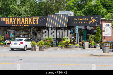 HICKORY, NC, USA-9 le 18 juin : Deux petites boutiques colorées, le long de la route US 127 Hickory. Banque D'Images