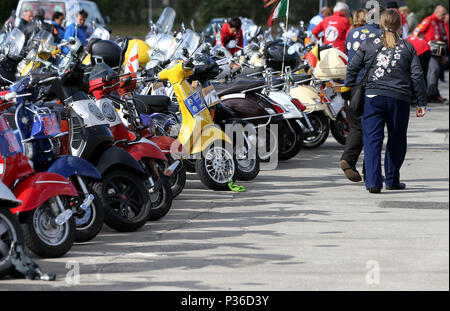 Les amateurs de Vespa arrivent pour le dîner de gala à Belfast comme des milliers de conducteurs de scooters Vespa sont descendus sur l'Irlande du Nord dans le cadre de la Vespa World Days Belfast rassemblement. Banque D'Images