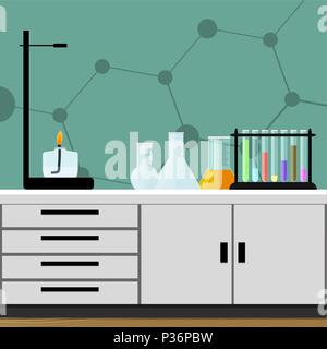 Chem laboratoire avec des substances colorées. Matériel de recherche médicale, chauffage réaction. Vector illustration Illustration de Vecteur