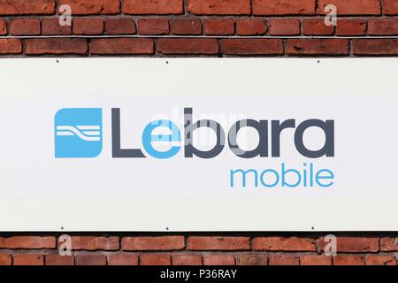 Holme, Danemark - 8 Avril, 2018 : Lebara Mobile logo sur un mur. Lebara est une compagnie de télécommunications fournissant des services dans de nombreux pays Banque D'Images