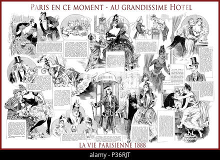 Magazine satirique français La vie Parisienne 1888, page centrale : Paris en ce moment - au grandissime hotel ( Paris maintenant au grand hôtel), datant de la mode, l'amour, humour, caricatures, portraits Banque D'Images