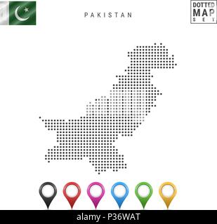 La carte à points vecteur du Pakistan. Silhouette simple du Pakistan. Drapeau national du Pakistan. Ensemble de marqueurs carte multicolore Illustration de Vecteur