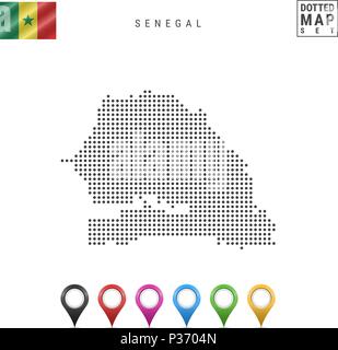 La carte à points vecteur du Sénégal. Silhouette simple du Sénégal. Drapeau national du Sénégal. Ensemble de marqueurs carte multicolore Illustration de Vecteur