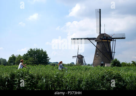 Kinderdijk dans la province de Hollande du Sud, Pays-Bas, avec des moulins à vent qui ont été utilisé pour vidanger le polder. Kinderdijk est patrimoine mondial de l'UNESCO. Banque D'Images