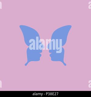 Silhouettes de personnes sous la forme d'ailes de papillon. Une simple illustration vectorielle. Papillon bleu sur fond rose. Illustration de Vecteur