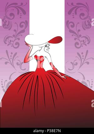 La jeune fille dans une robe de bal rouge, un chapeau et des gants. Vector illustration. Illustration sur un fond lilas avec des motifs. Illustration de Vecteur