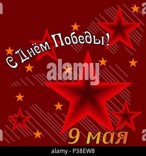 Carte de visite par jour de la victoire. Vector illustration. Une inscription de félicitations et d'étoiles de couleur rouge et orange sur fond rouge. Illustration de Vecteur