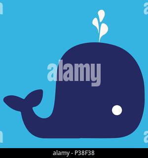 Caricature avec la fontaine des baleines. La baleine bleue sur fond bleu. Vector illustration lumineuse. Illustration de Vecteur