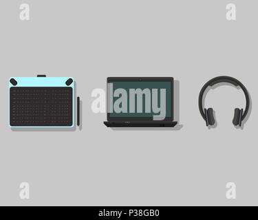 L'ensemble de l'équipement composé de radio, l'ordinateur portable et d'écouteurs. Vector illustration. Illustration de Vecteur