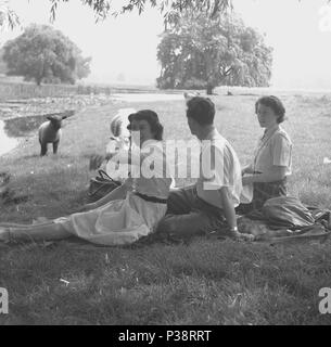 Années 1950, tableau historique, deux dames et un homme assis ensemble à l'extérieur sur une riverank dans un parc herbeux ont surpris les visiteurs, un petit agneau et un mouton, England, UK. Banque D'Images