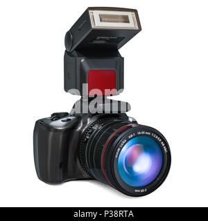 Reflex appareil photo avec flash externe électronique, rendu 3D isolé sur fond blanc Banque D'Images