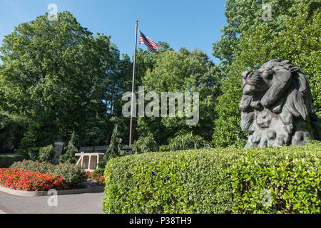 Entrée au Zoo National sur Connecticut Avenue.Le Zoo fait partie de la Smithsonian Institution. L'un des deux lions en bronze Perry gardent l'entrée. DC Banque D'Images