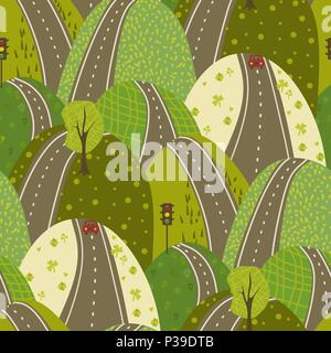 Route à travers les collines verdoyantes seamles vecteur fond urbain modèle texture doodle Illustration de Vecteur