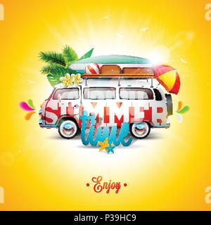 Des vacances d'illustration vectorielle sur le ciel bleu et le fond de nuage. Plantes tropicales, de fleurs, de voyage van, planche de surf et parapluie. Maison de design pour la bannière, flyer, invitation, brochure, affiche de la partie ou d'une carte de vœux. Illustration de Vecteur