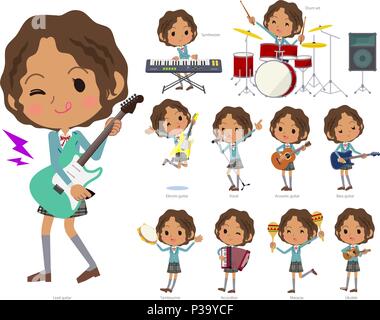 Un jeu de fille de l'école jouer rock 'n' roll et la musique pop. Il existe également divers instruments tels que l'ukulele et tambourin. Il s'agit d'art vectoriel de sorte qu'il est e Illustration de Vecteur