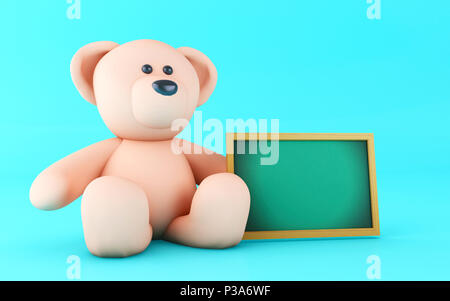 3d illustration. Ours en peluche rose avec tableau noir vide. Banque D'Images