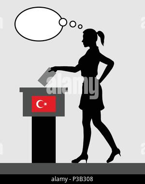 L'électeur vote jeune femme turque aux élections en Turquie avec bulle de pensée. Tous les objets et la silhouette sont dans des couches différentes. Illustration de Vecteur