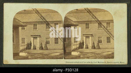 234 personnes debout devant leur maison, le pont à chaînes toll house à gauche, à partir de Robert N. Dennis collection de vues stéréoscopiques Banque D'Images