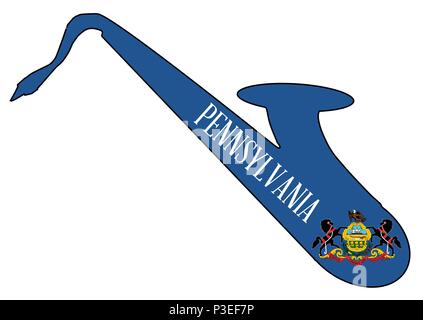 Silhouette d'un saxophone avec une impression le drapeau de l'état de Pennsylvanie aux États-Unis sur un fond blanc Illustration de Vecteur