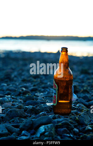 Bouteille de bière contre le coucher du soleil sur la plage, Chidiya Tapu, Andaman Banque D'Images