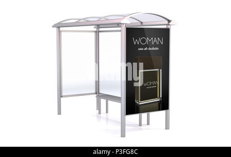 Rendu 3d arrêt de bus isolé sur fond blanc montrant fragance publicité Banque D'Images