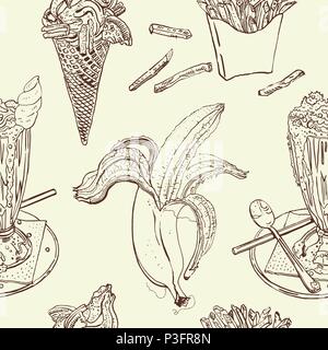 Collations et desserts vintage seamless pattern : milk shake, glaces, frites, bananes. Brun chocolat et beige. Hand drawn sketchy vector illustration. Cafe, café-restaurant, de conception d'impression textile. Illustration de Vecteur