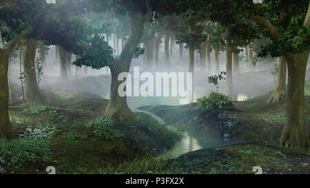 Fantasy Forest brumeux avec étangs, illustration paysage 3d Banque D'Images