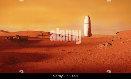 Paysage sur la planète Mars, de fusée à l'atterrissage sur la planète rouge (espace 3d illustration) Banque D'Images