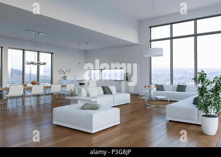 Loft moderne avec de grandes fenêtres lumineuses design intérieur Banque D'Images
