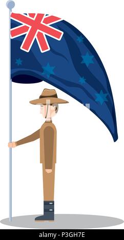 La conception de l'ANZAC day avec drapeau australien et soldat qui monte la garde sur fond blanc, vector illustration Illustration de Vecteur