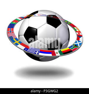 Le soccer international concept comme une balle avec un anneau comme un indicateur global de concurrence en tant que sport mondial 3D illustration. Banque D'Images