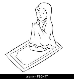 Jeune fille musulmane priant isolé sur fond blanc. Le noir et blanc simple ligne Vector Illustration pour livre de coloriage - Ligne dessinée Vector Illustration. Illustration de Vecteur