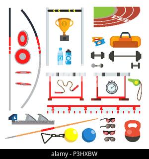 L'athlétisme Icons Set vecteur. Sport athlétique accessoires, articles. Télévision Cartoon illustration isolé Illustration de Vecteur