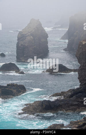 Les piles de la mer et les falaises dans la brume à Eshaness / Esha Ness, dans la péninsule Northmavine sur l'île de Mainland, Shetland, Scotland, UK Banque D'Images