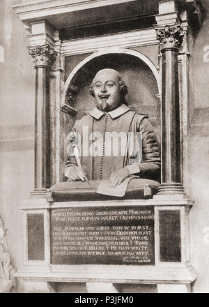 Shakespeare's Monument, apposée sur le mur nord du choeur de Stratford-sur-Avon, en Angleterre. William Shakespeare, 1564 (baptisé) - 1616. Anglais, poète, dramaturge et acteur. Le lecteur de Shakespeare, publié 1916 Banque D'Images