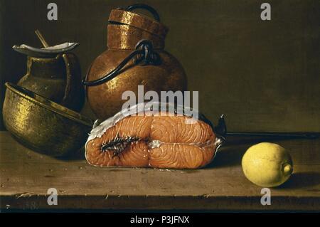 "Morceau de saumon, un citron et trois navires", 1772, huile sur toile, 41 cm x 62,2 cm, P00902. Auteur : Luis Meléndez (1716-1780). Emplacement : Museo del Prado-PINTURA, MADRID, ESPAGNE. Aussi connu sous : BODEGON CON LIMON Y RECIPIENTES de saumon. Banque D'Images