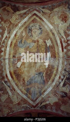 EL PANTOCRATOR BÉMOL POR CUATRO ANGELES - PINTURA MURALE DE LA ERMITA DE LA VERA CRUZ DE MADERUELO - SIGLO XII - ROMANICO ESPAÑOL. Auteur : anonyme. Emplacement : Museo del Prado-PINTURA, MADRID, ESPAGNE. Banque D'Images