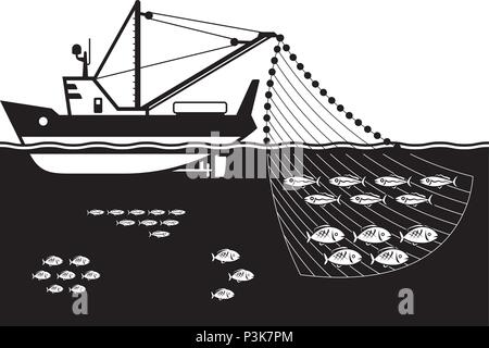 Bateau de pêche dans la mer - vector illustration Illustration de Vecteur