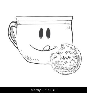 Tasse à la main et les cookies. Mug avec un visage. Vector illustration au croquis style. Illustration de Vecteur