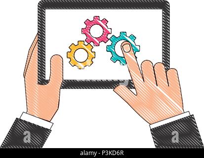 Mains tenant les engrenages de la table de travail stratégie vector illustration Illustration de Vecteur
