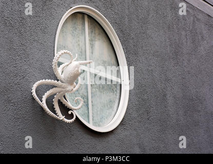 Octopus décoratif par fenêtre sur mur Banque D'Images