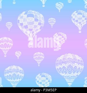 Modèle de vecteur seamless hot air balloon en style zentangle.main blanche appelée hot air balloon sur gradient background Illustration de Vecteur