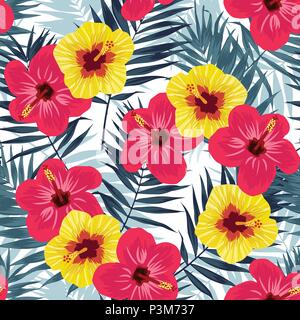 Jungle tropicale modèle transparent avec des feuilles de palmier et de l'hibiscus. Tissu d'été floral design. Fond d'illustration vectorielle. Illustration de Vecteur