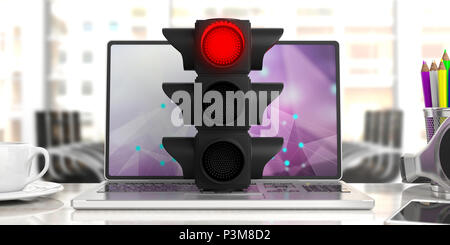 Red light concept d'entreprise. Feu de circulation, le signal d'arrêt rouge, sur un ordinateur portable, l'arrière-plan du bureau. 3d illustration Banque D'Images