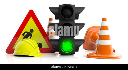 Les travaux en cours. Les panneaux de construction routière isolé sur fond blanc. Feu vert, signalisation routière, casque et des cônes de circulation, 3d illustration Banque D'Images